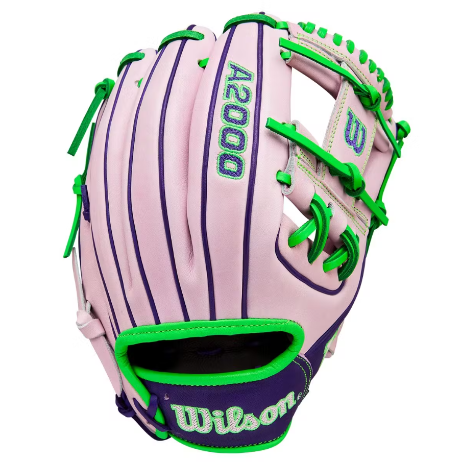 A photo of the Wilson Fall 2025 A2000 1786 Model 11.5" Infield Baseball Glove in colour pink and green.