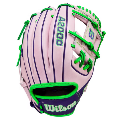 A photo of the Wilson Fall 2025 A2000 1786 Model 11.5" Infield Baseball Glove in colour pink and green.