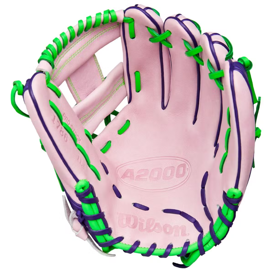 A photo of the Wilson Fall 2025 A2000 1786 Model 11.5" Infield Baseball Glove in colour pink and green.