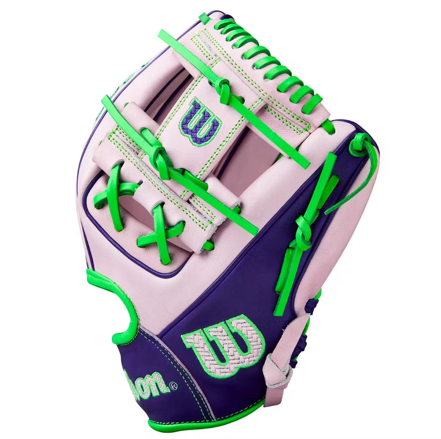 A photo of the Wilson Fall 2025 A2000 1786 Model 11.5" Infield Baseball Glove in colour pink and green.