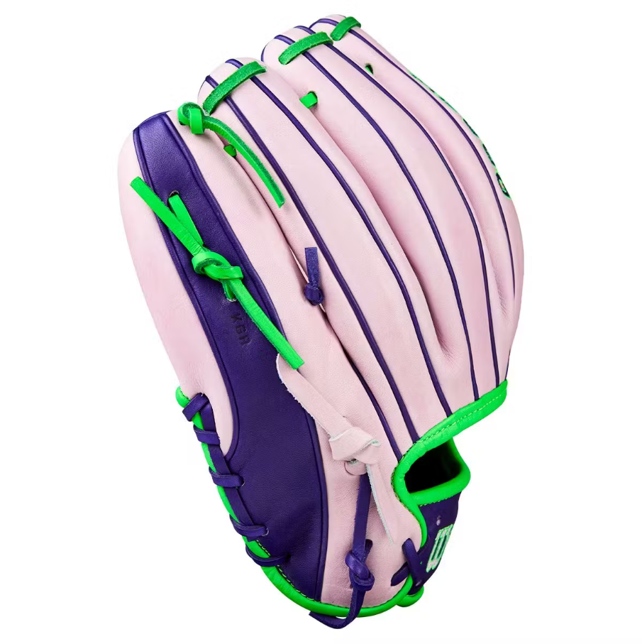 A photo of the Wilson Fall 2025 A2000 1786 Model 11.5" Infield Baseball Glove in colour pink and green.