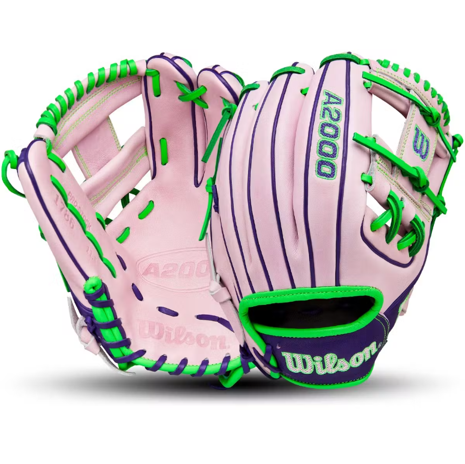 A photo of the Wilson Fall 2025 A2000 1786 Model 11.5" Infield Baseball Glove in colour pink and green.