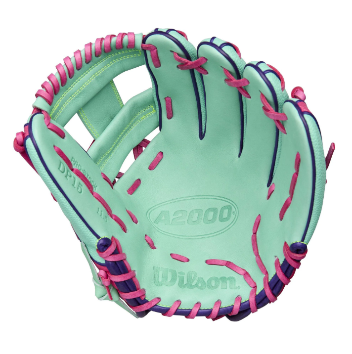 A photo of the Wilson Fall 2025 A2000 DP15SS 11.5" Infield Baseball Glove in colour teal and pink.