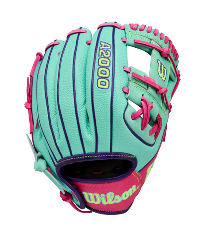 A photo of the Wilson Fall 2025 A2000 DP15SS 11.5" Infield Baseball Glove in colour teal and pink.