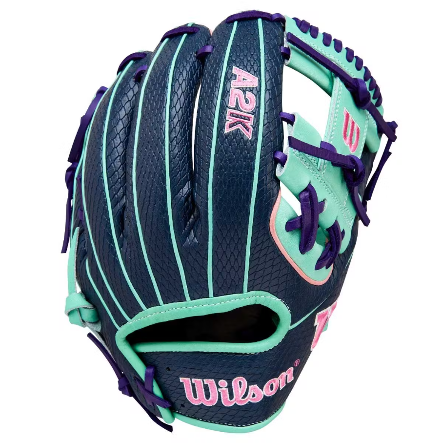 A photo of the Wilson Fall 2025 A2K 1786 SuperSkin Model 11.5" Infield Baseball Glove in colour blue and teal. 