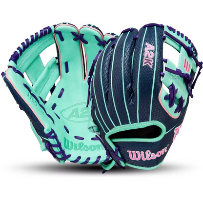 A photo of the Wilson Fall 2025 A2K 1786 SuperSkin Model 11.5" Infield Baseball Glove in colour blue and teal. 