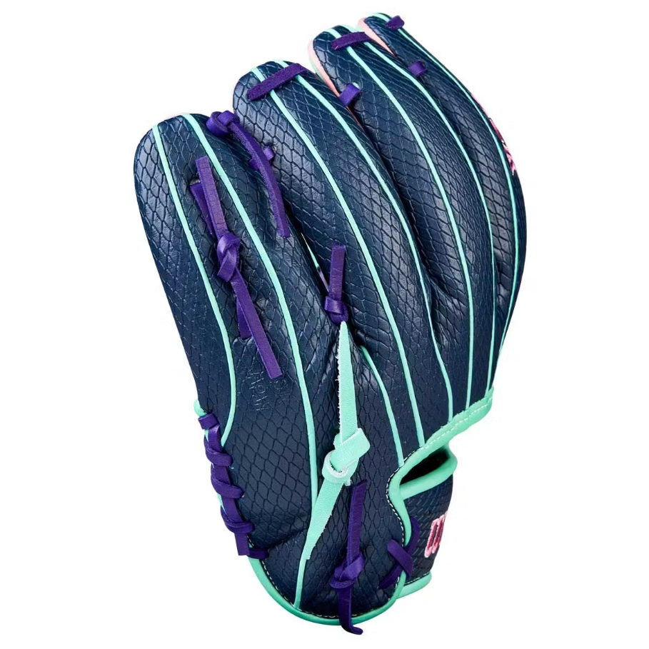 A photo of the Wilson Fall 2025 A2K 1786 SuperSkin Model 11.5" Infield Baseball Glove in colour blue and teal. 