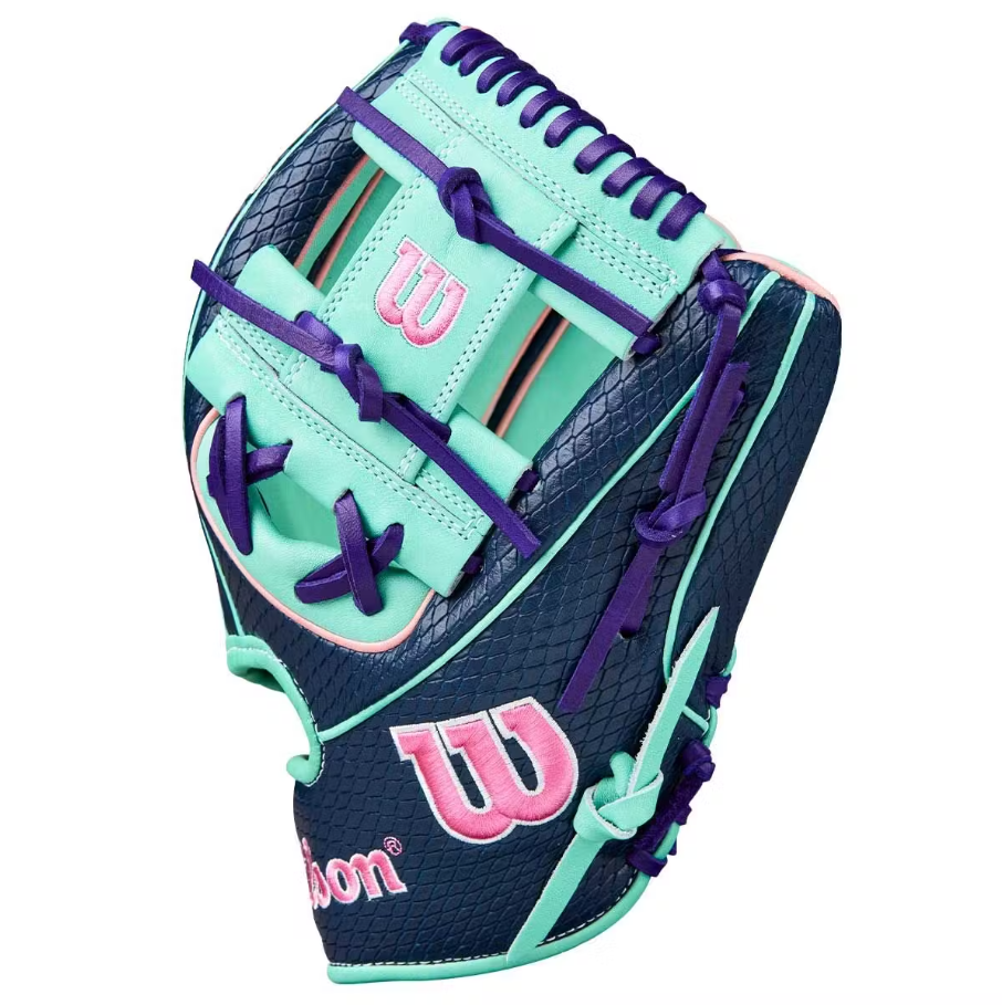 A photo of the Wilson Fall 2025 A2K 1786 SuperSkin Model 11.5" Infield Baseball Glove in colour blue and teal. 