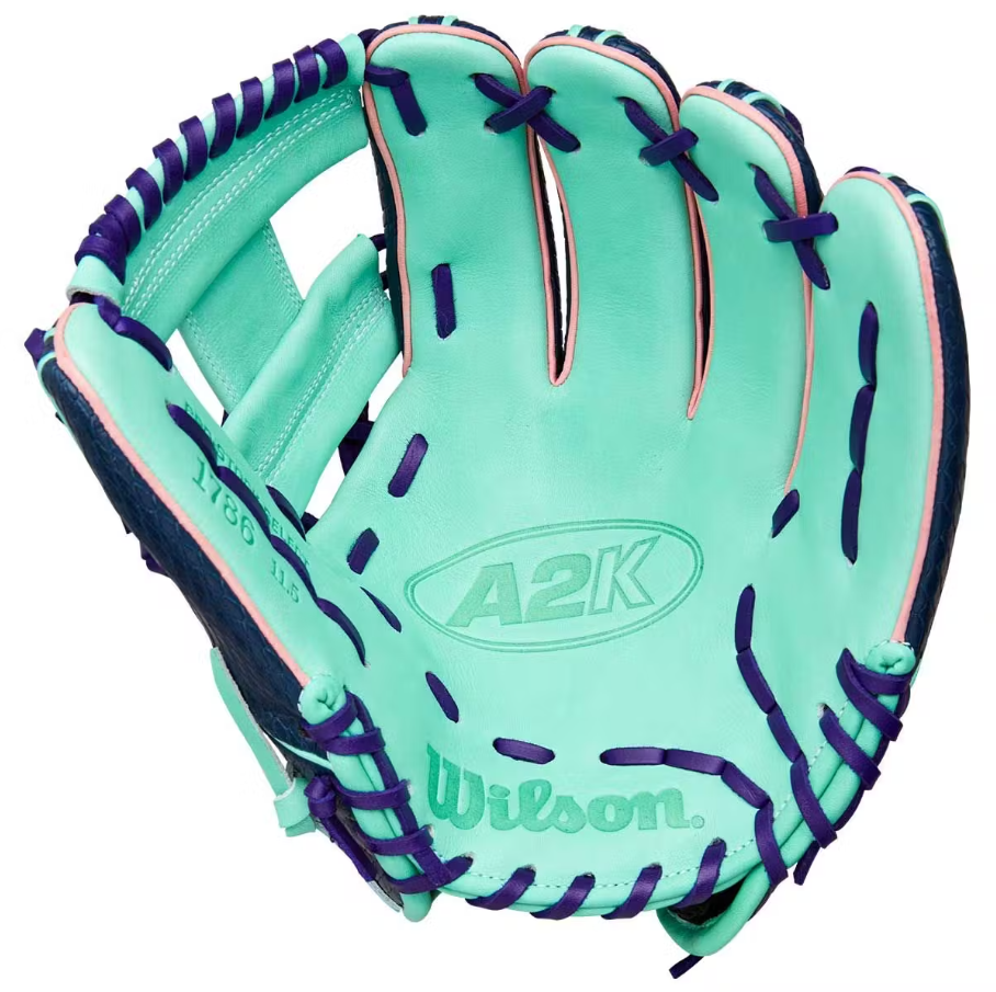A photo of the Wilson Fall 2025 A2K 1786 SuperSkin Model 11.5" Infield Baseball Glove in colour blue and teal. 