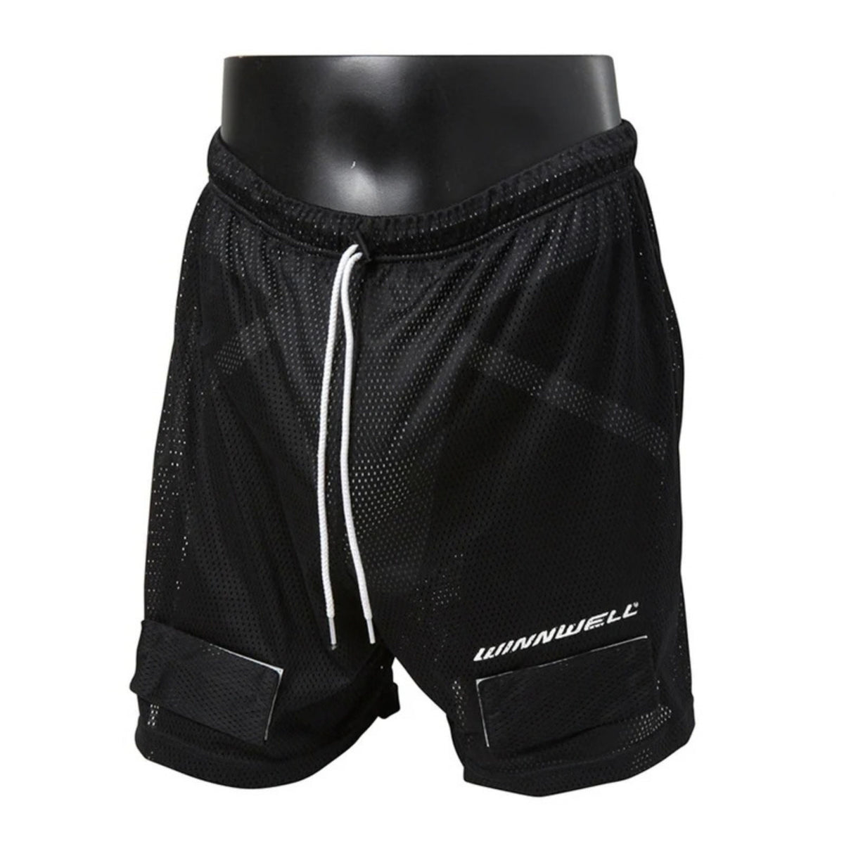 A photo of the Winnwell Jock Mesh Short for Youth in colour black with white laces.