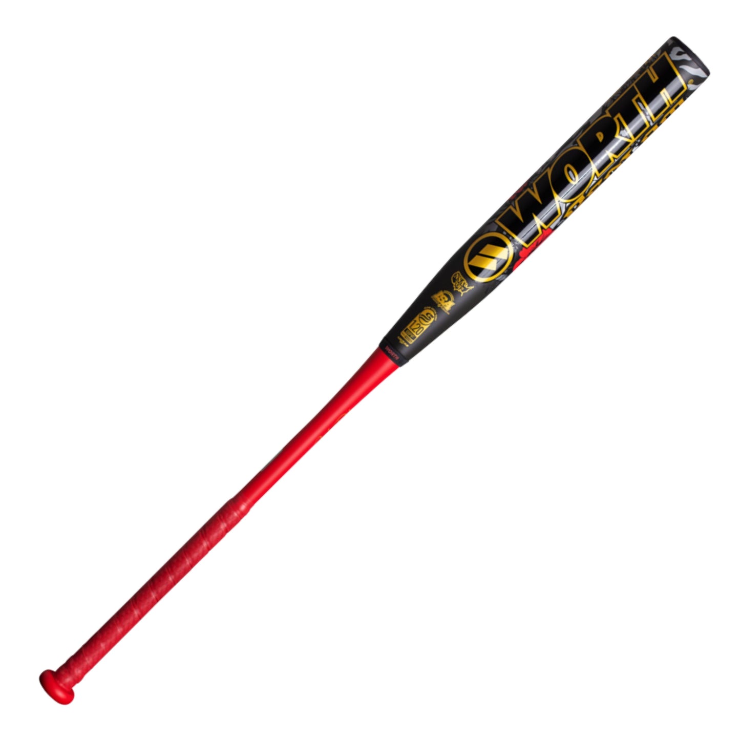A photo of the Worth Bedlam 12" XXL Load USSSA Slo-Pitch Bat (2026) in colour black, red and gold.