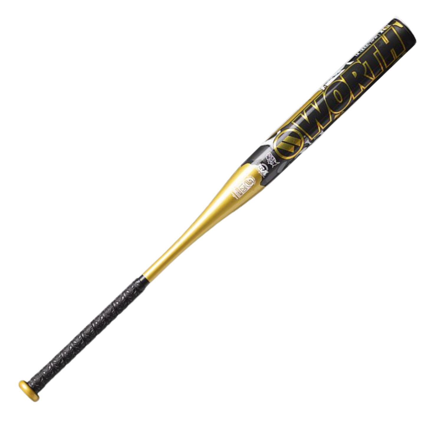 A photo of the Worth Bedlam Gold XL USSSA 13" Endload 1-Piece Slo-Pitch Bat (2025) in colour black and gold. 