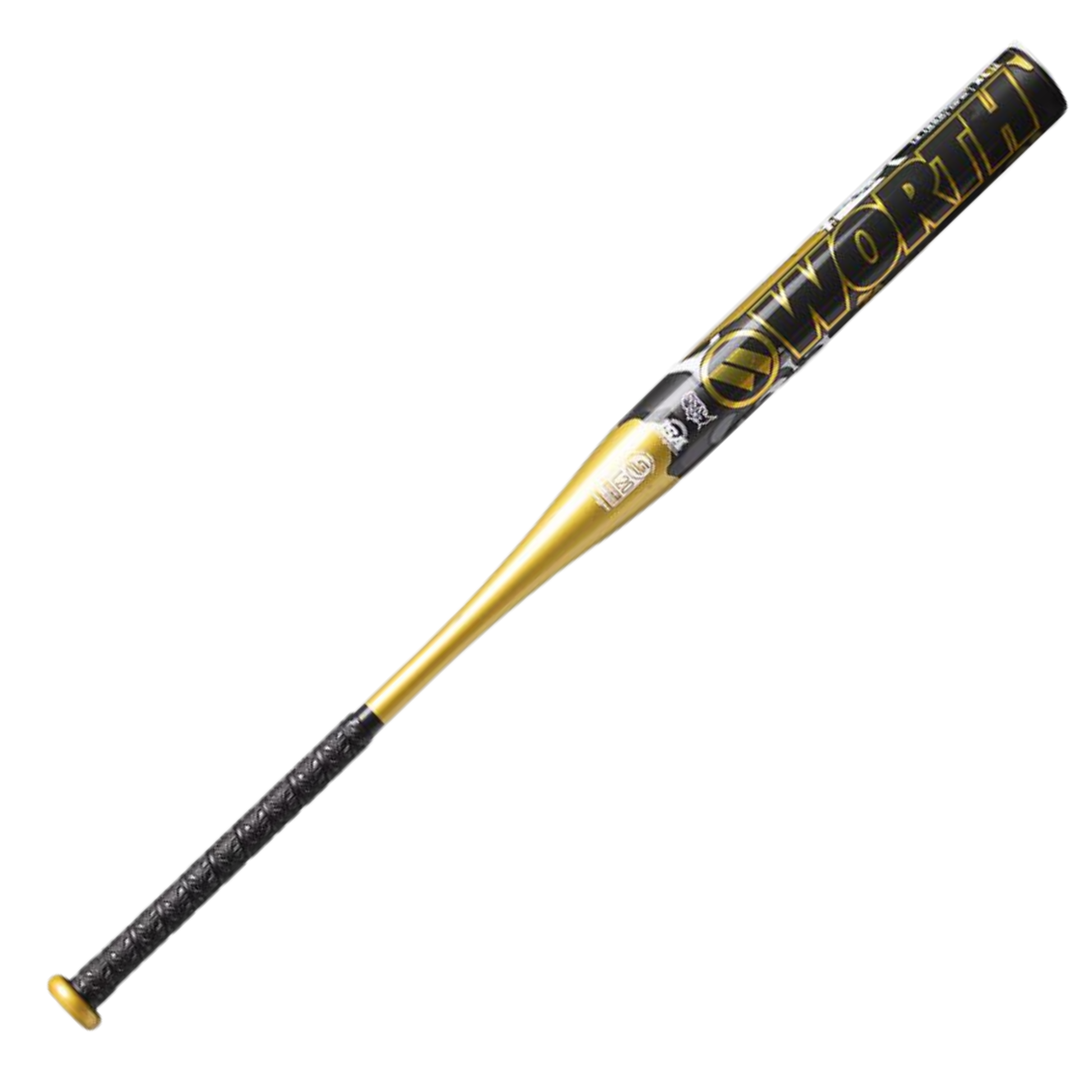 A photo of the Worth Bedlam Gold XL USSSA 13" Endload 1-Piece Slo-Pitch Bat (2025) in colour black and gold. 
