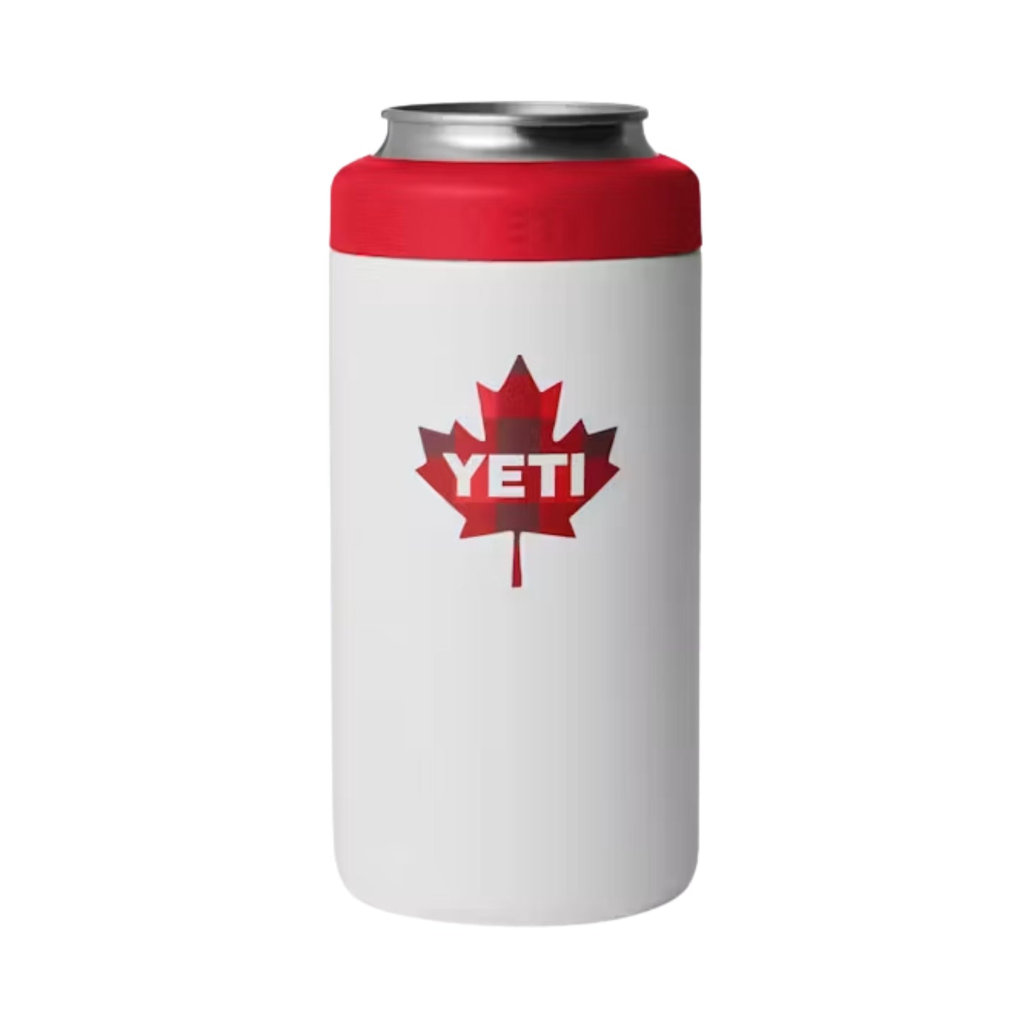 A photo of the Yeti Rambler 16 oz Colster Tall Can Insulator in colour white and red.