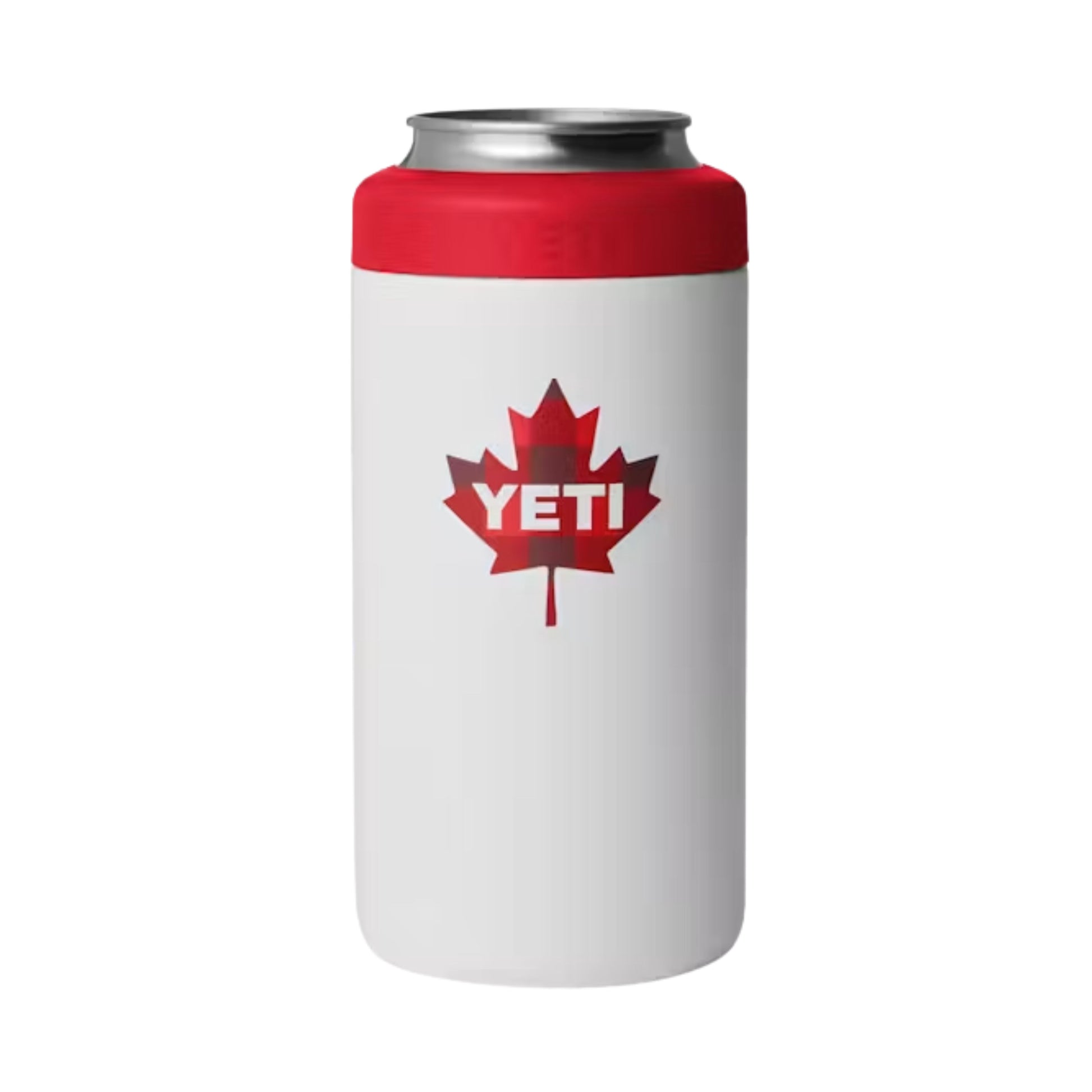 A photo of the Yeti Rambler 16 oz Colster Tall Can Insulator in colour white and red.