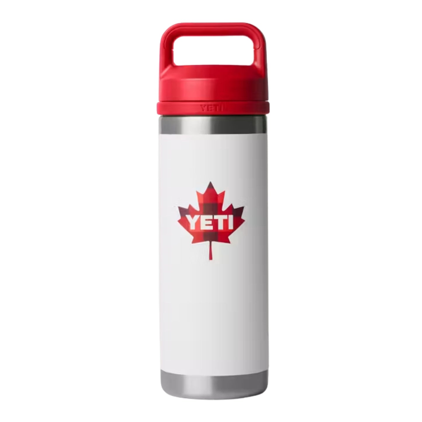A photo of the Yeti Rambler 18 oz Bottle w/ Chug Cap in colour white and red.