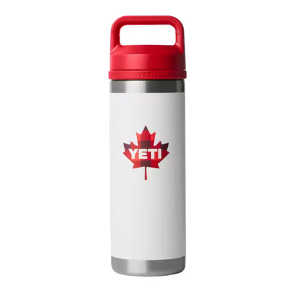 A photo of the Yeti Rambler 18 oz Bottle w/ Chug Cap in colour white and red.