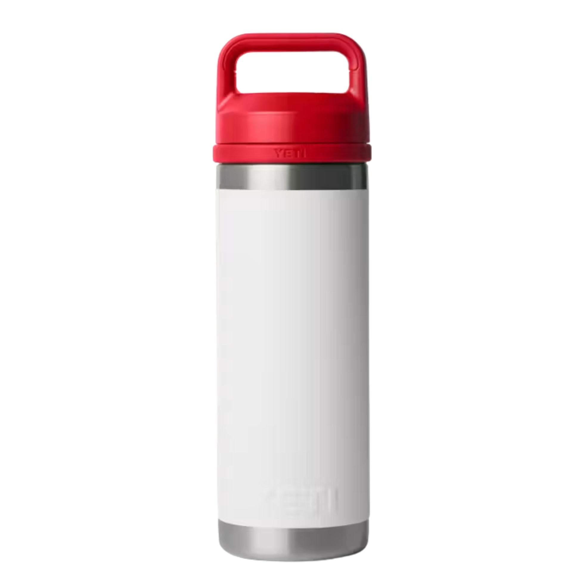 A photo of the Yeti Rambler 18 oz Bottle w/ Chug Cap in colour white and red.