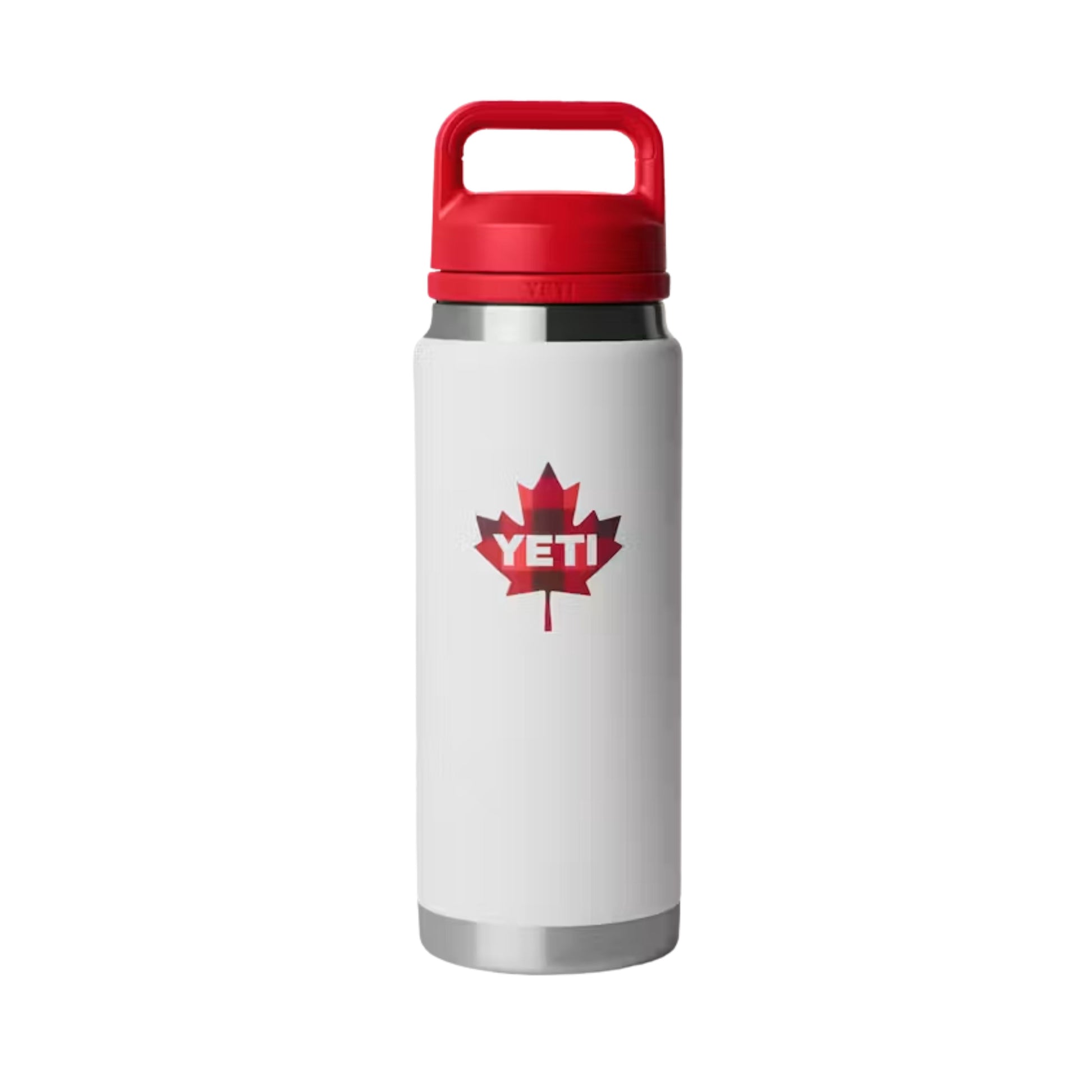 A photo of the Yeti Rambler 26 oz Bottle w/ Chug Cap in colour white and red.