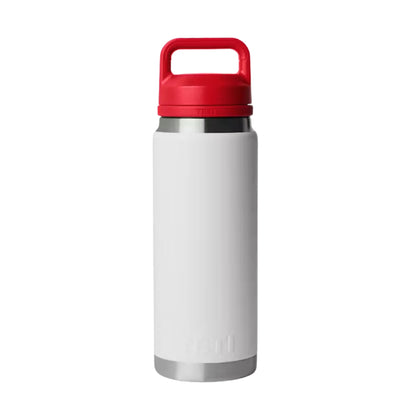 A photo of the Yeti Rambler 26 oz Bottle w/ Chug Cap in colour white and red.
