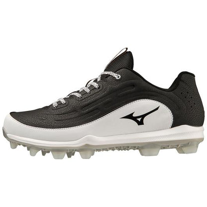 A photo of the Mizuno Ambition 3 Low Molded TPU Baseball Cleats in colour black and white, side view.