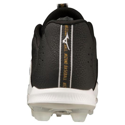 A photo of the Mizuno Ambition 3 Low Molded TPU Baseball Cleats in colour black and white, back view.