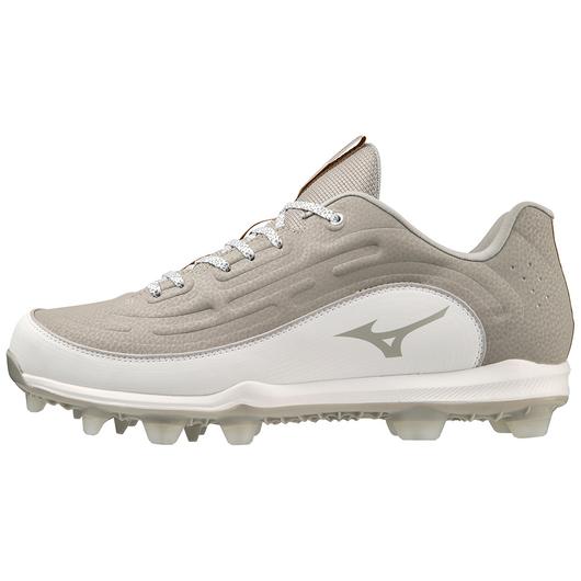 A photo of the Mizuno Ambition 3 Low Molded TPU Baseball Cleats in colour grey and white, side view.