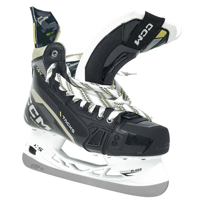 A photo of the CCM Tacks AS-V Senior Hockey Skates 2022 edition with Step Steel open tongue view