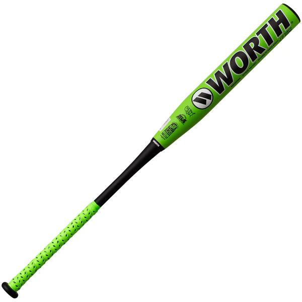 A photo of the Worth Bedlam Phil Matte 12.5 inch barrel XL USSSA Load Barrel Slow Pitch Bat in colour green front Worth view