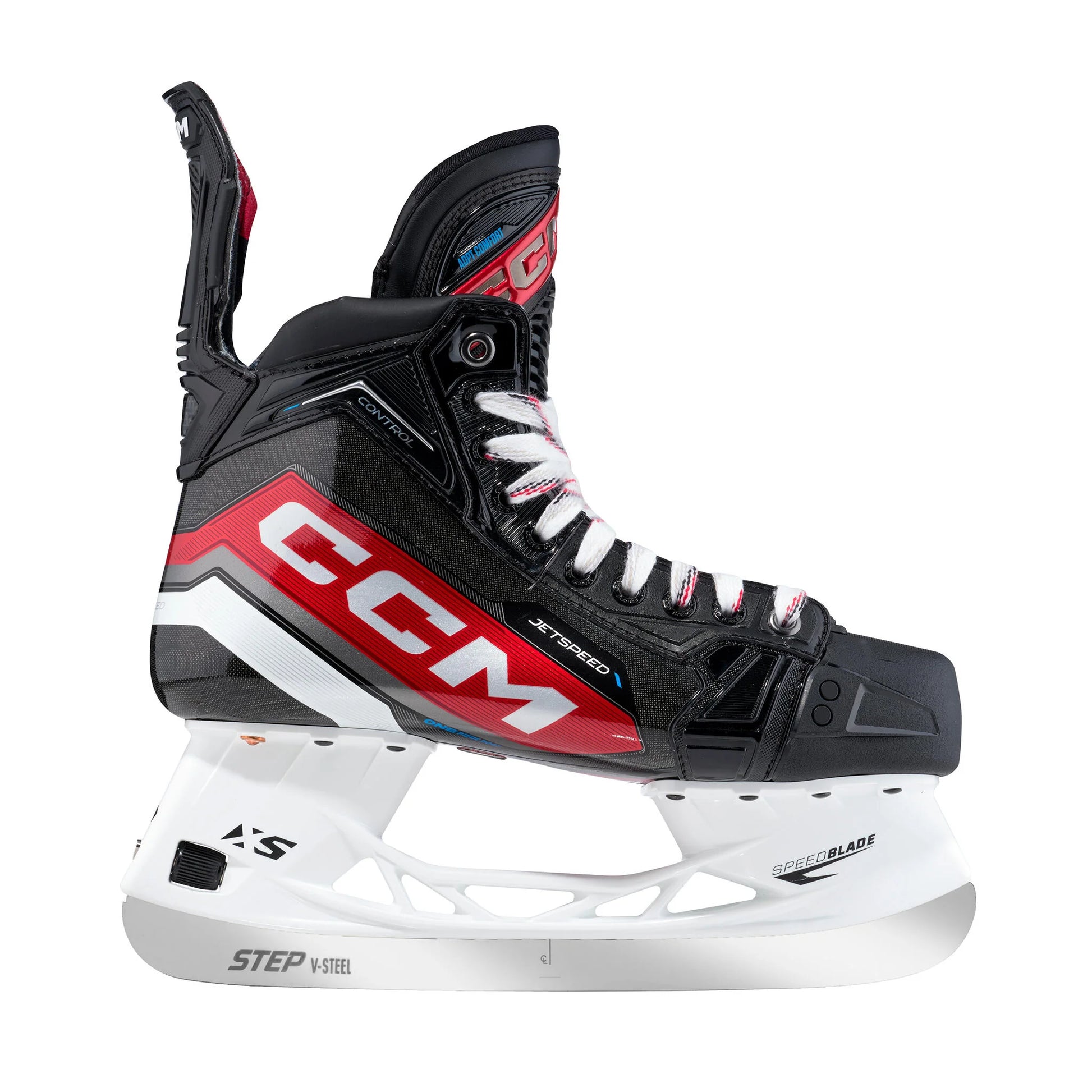 A photo of the CCM JetSpeed Control Senior Hockey Skates 2023 edition, source for sports exclusive in colour black and red side view.