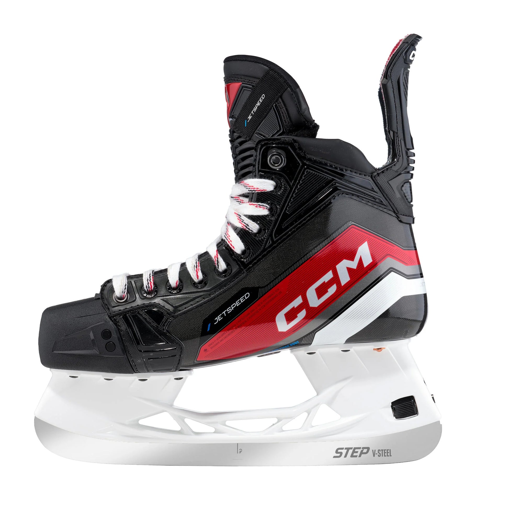 A photo of the CCM JetSpeed Control Senior Hockey Skates 2023 edition, source for sports exclusive in colour black and red alternative side view.