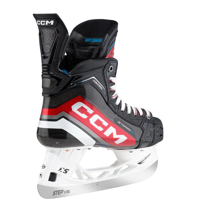 A photo of the CCM JetSpeed Control Senior Hockey Skates 2023 edition, source for sports exclusive in colour black and red alternative diagonal view.