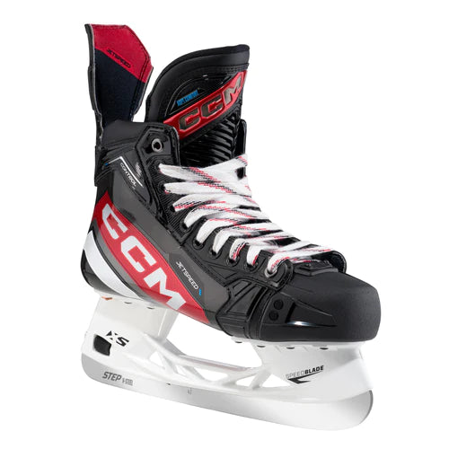 A photo of the CCM JetSpeed Control Senior Hockey Skates 2023 edition, source for sports exclusive in colour black and red diagonal view