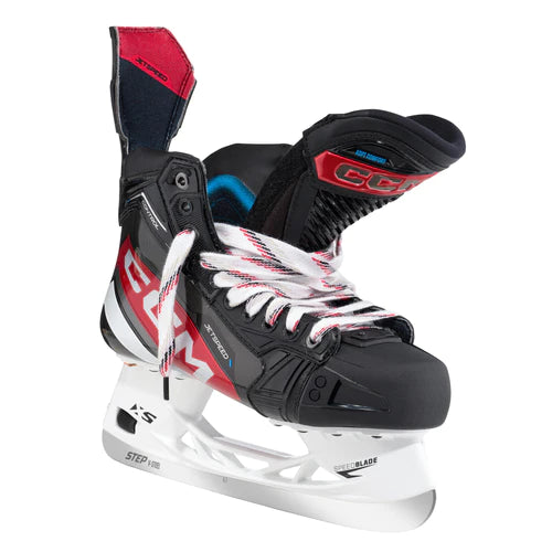 A photo of the CCM JetSpeed Control Senior Hockey Skates 2023 edition, source for sports exclusive in colour black and red open tongue view.