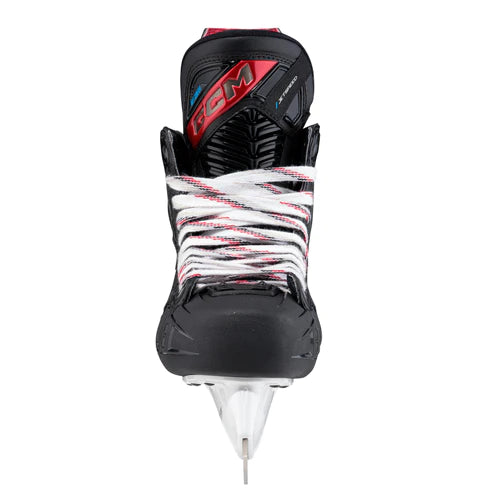 A photo of the CCM JetSpeed Control Senior Hockey Skates 2023 edition, source for sports exclusive in colour black and red frontal view.