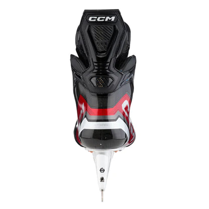 A photo of the CCM JetSpeed Control Senior Hockey Skates 2023 edition, source for sports exclusive in colour black and red back view.