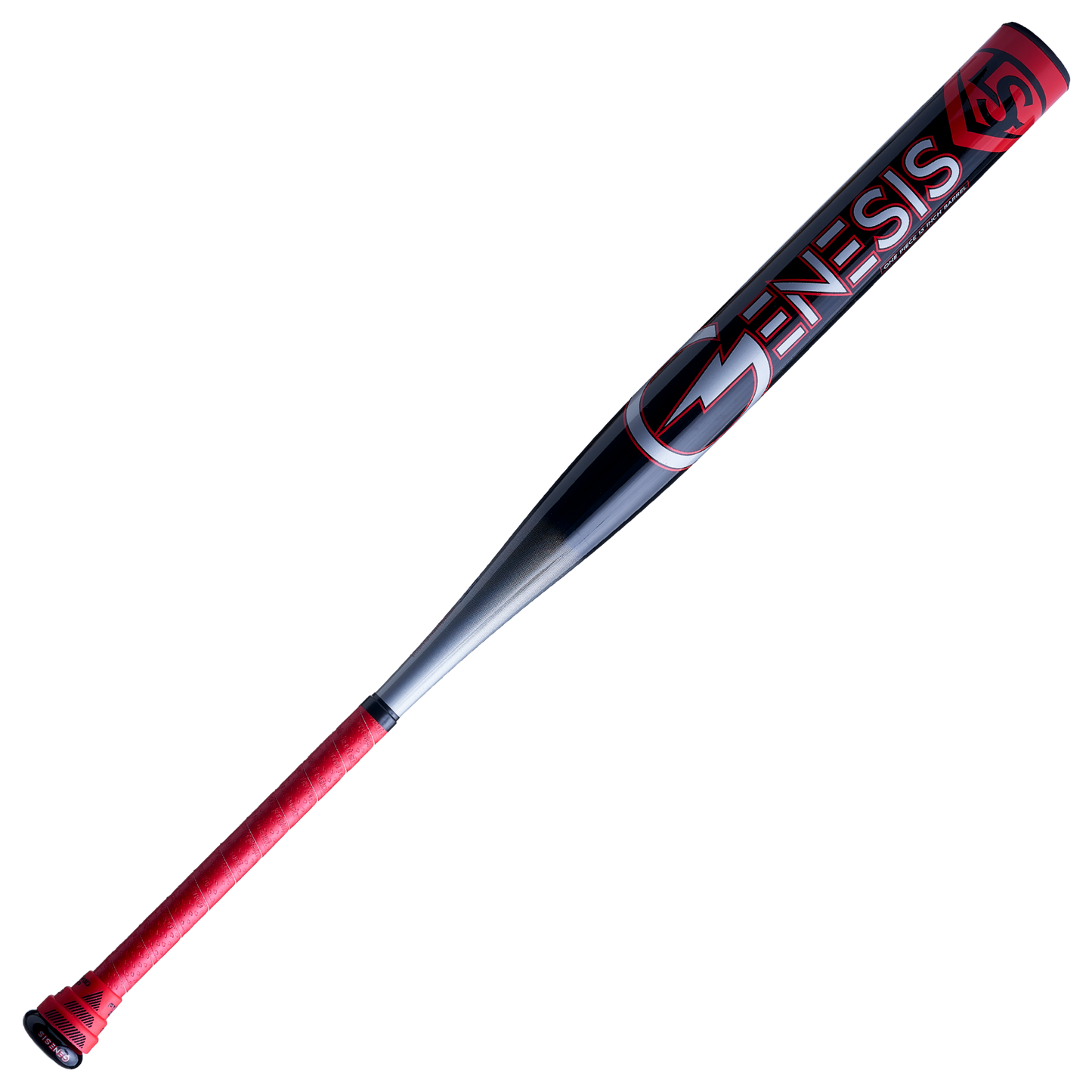 A photo of the 2024 Louisville Genesis 1 Piece Balance USSSA Bat in colour black and red front view.