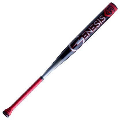 A photo of the 2024 Louisville Genesis 1 Piece Balance USSSA Bat in colour black and red front view.