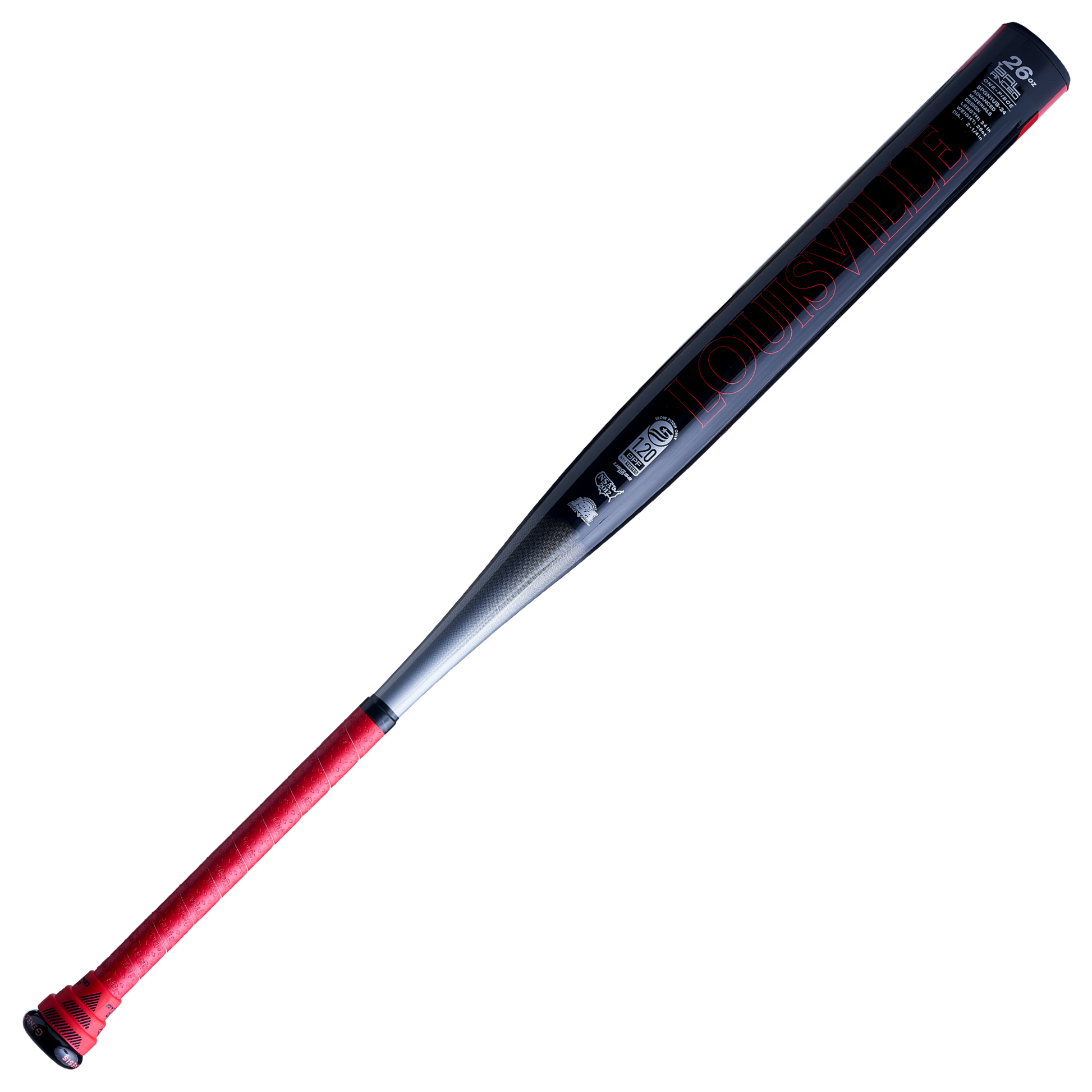 A photo of the 2024 Louisville Genesis 1 Piece Balance USSSA Bat in colour black and red back view.