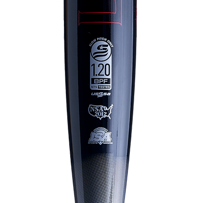 A photo of the 2024 Louisville Genesis 1 Piece Balance USSSA Bat in colour black and red Regulation label view.