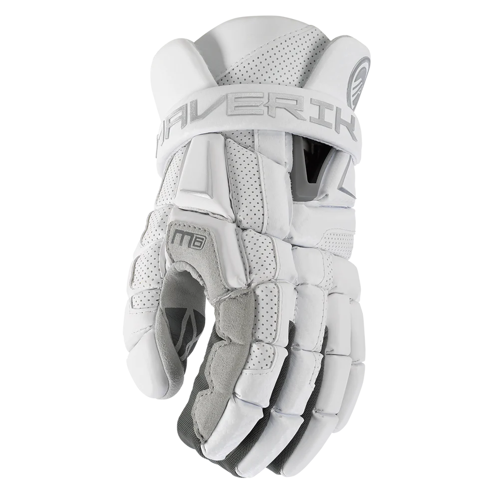 A photo of the Maverik M6 Lacrosse Player Gloves in colour white front view
