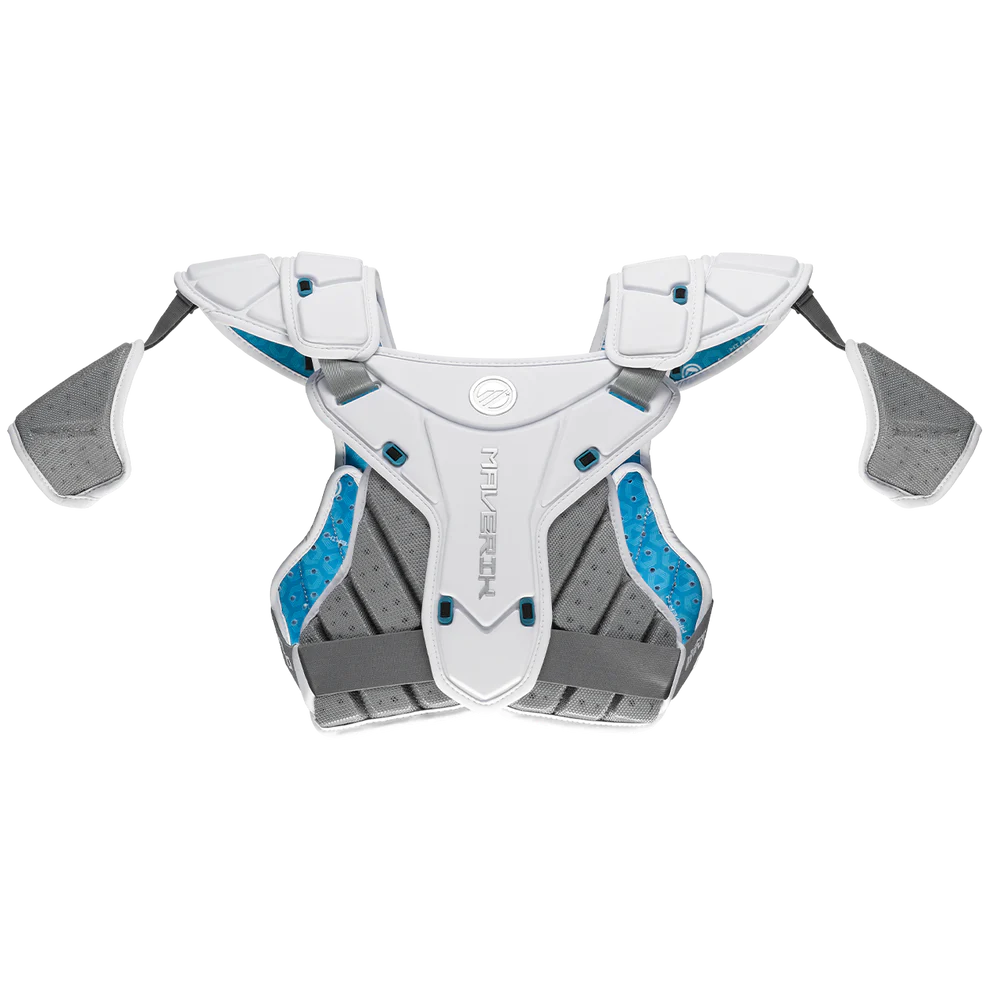 A photo of the Maverik Shift EKG Lacrosse Shoulder Pads in white back view