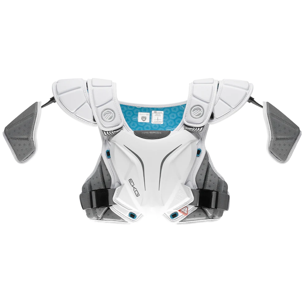 A photo of the Maverik Shift EKG Lacrosse Shoulder Pads in white front view