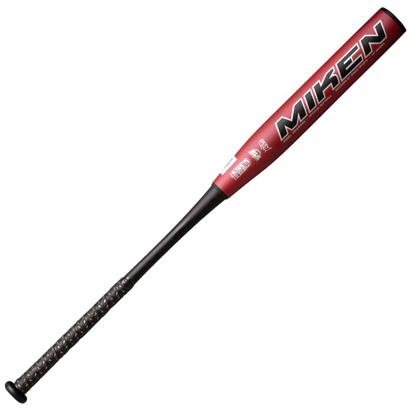A photo of the Miken Pro M1 Josh Riley USSSA Supermax Barrel Slo-Pitch Bat in colour red front Miken view.
