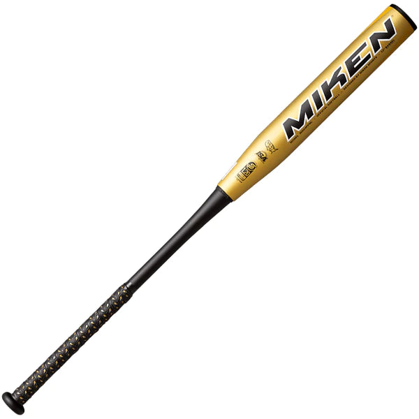 A photo of the Miken PRO M1 Kyle Pearson USSSA Maxload Barrel Slo-Pitch Bat In colour gold front miken view.