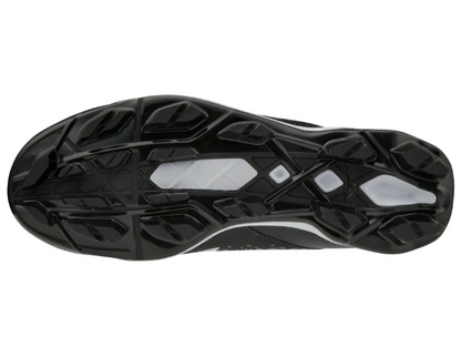 A photo of the Mizuno Finch Select Nine TPU Women's Softball Cleats in colour black and white sole bottom view.