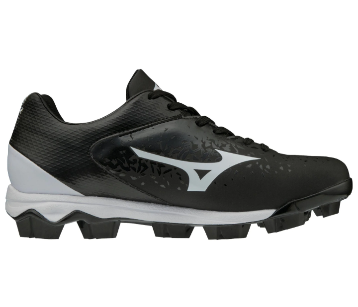 A photo of the Mizuno Finch Select Nine TPU Women's Softball Cleats in colour black and white side view.