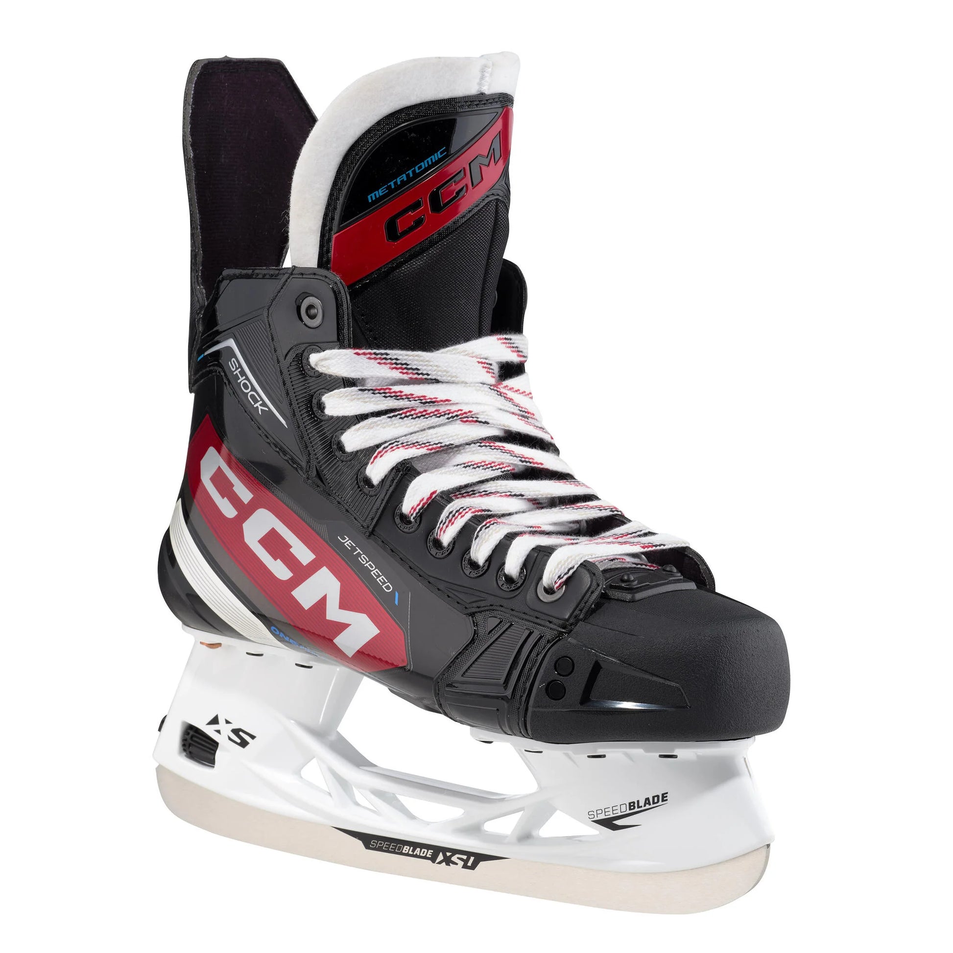 A photo of the CCM S23 Jetspeed Shock Senior Skate in colours black and red diagonal view.