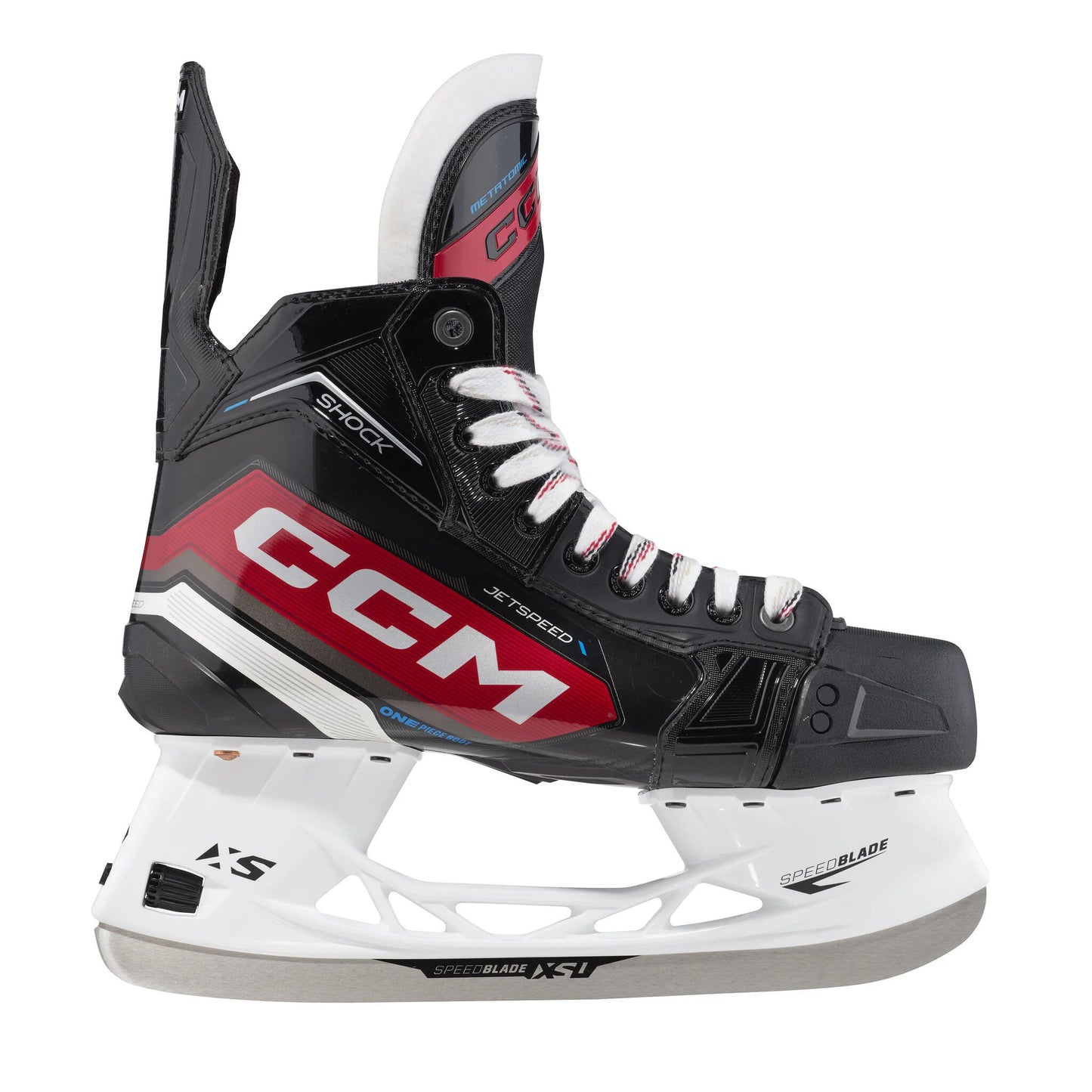 A photo of the CCM S23 Jetspeed Shock Senior Skate in colours black and red side view.