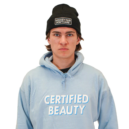Hockey Benders Certified Beauty Hoodie in blue on a model